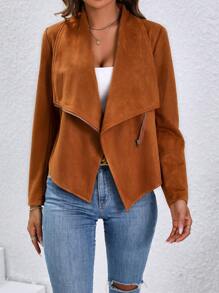 SHEIN Clasi Dây kéo Viền không đối xứng Áo khoác - màu nâu - Xem 5