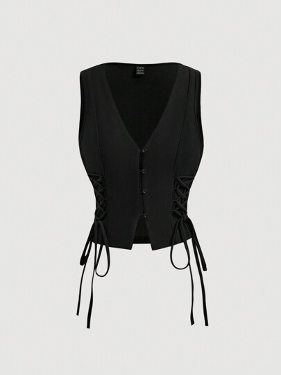 SHEIN MOD Solid Color Cross Tie Strap Black Side Strap Crop Tank Top For Summer