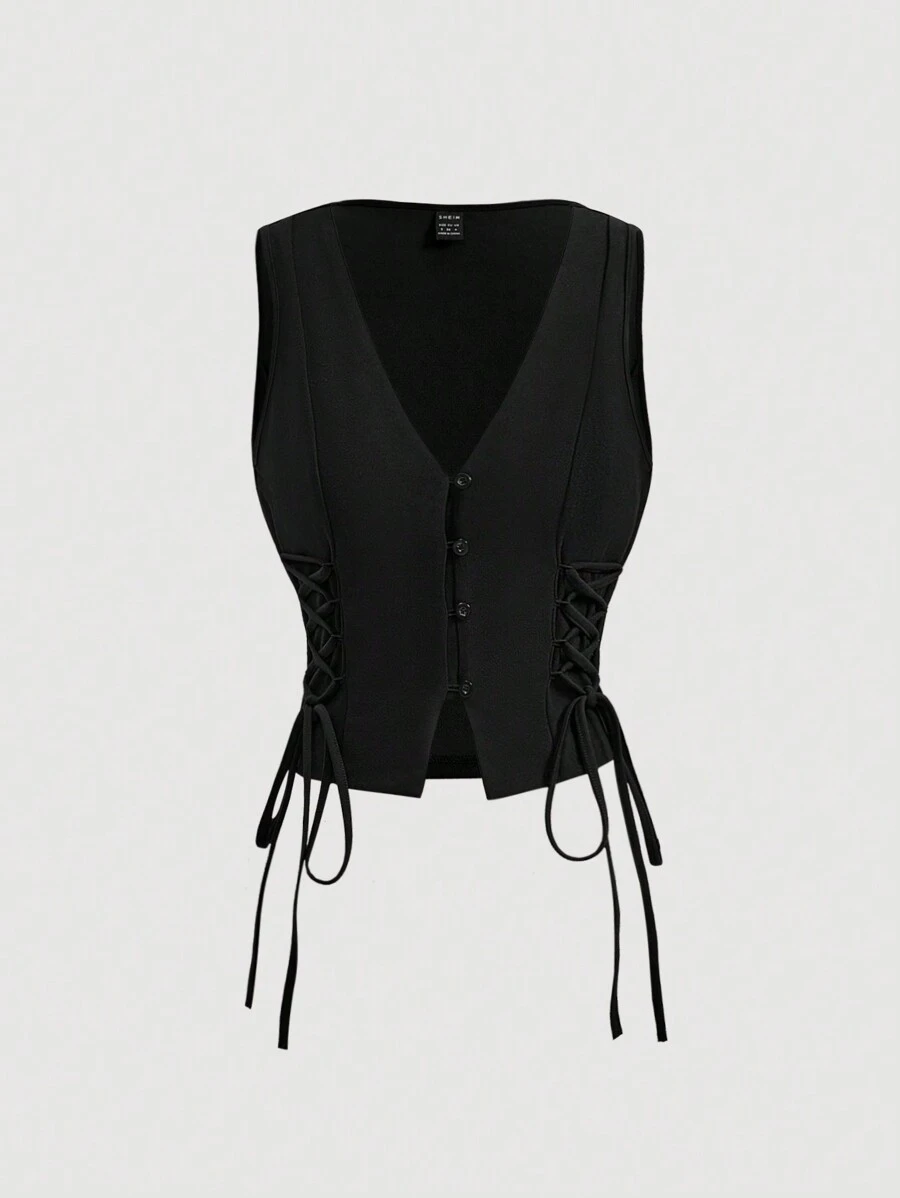 SHEIN MOD Solid Color Cross Tie Strap Black Side Strap Crop Tank Top For Summer