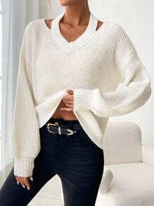 SHEIN LUNE Solid Color Hollow Out Casual Sweater With Drop Shoulder
