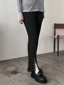 FRIFUL SHEIN X AYA NAKAMACHI 1pc Button Decor Split Hem Long Pants - Black - View 3