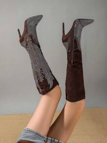 Styleloop Fashionable High Heel Boots With Rhinestones - Coffee Brown - View 7