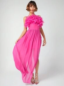 SHEIN Unity Faux Feather Ruched Side Draped Dress