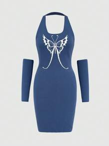 SHEIN Unity Butterfly Patterned Halter Sweater Dress And Sleeves - Navy Blue - View 1