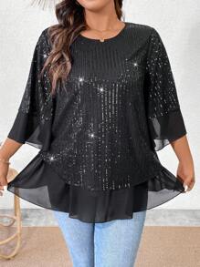 Allurite Blusa De Malla Con Lentejuelas De Talla Grande - Negro - Ver 5