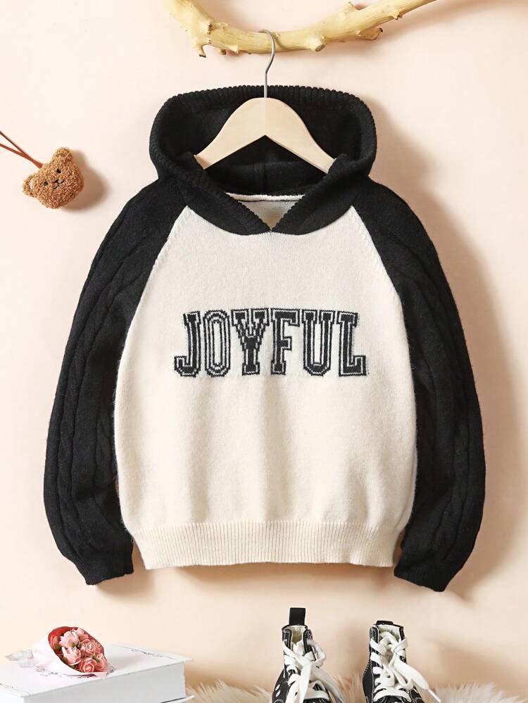 Girls' Pullover Hooded Sweater With Letter Print, Colorblock And Raglan Sleeve