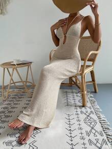 Swim Vcay Summer Outfits For Women Women Deep V-Neck Spaghetti Strap Backless Exquisite And Elegant Holiday Cover-Up Dress For Music Festival,Summer Beach