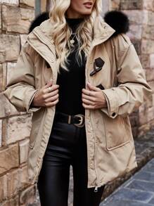 SHEIN LUNE Women's Hooded Padded Padded Coat Clothes Winter With Collar And Horn Button