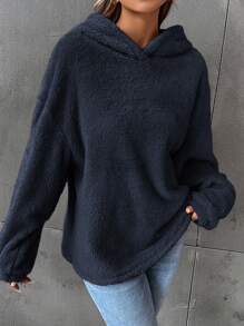 SHEIN EZwear Women's Hooded Fleece Sweatshirt - Royal Blue - View 4