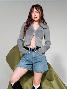 SHEIN EZwear Cárdigan Con Frente Abierto Y Cremallera Con Insignia Metálica Para Mujer