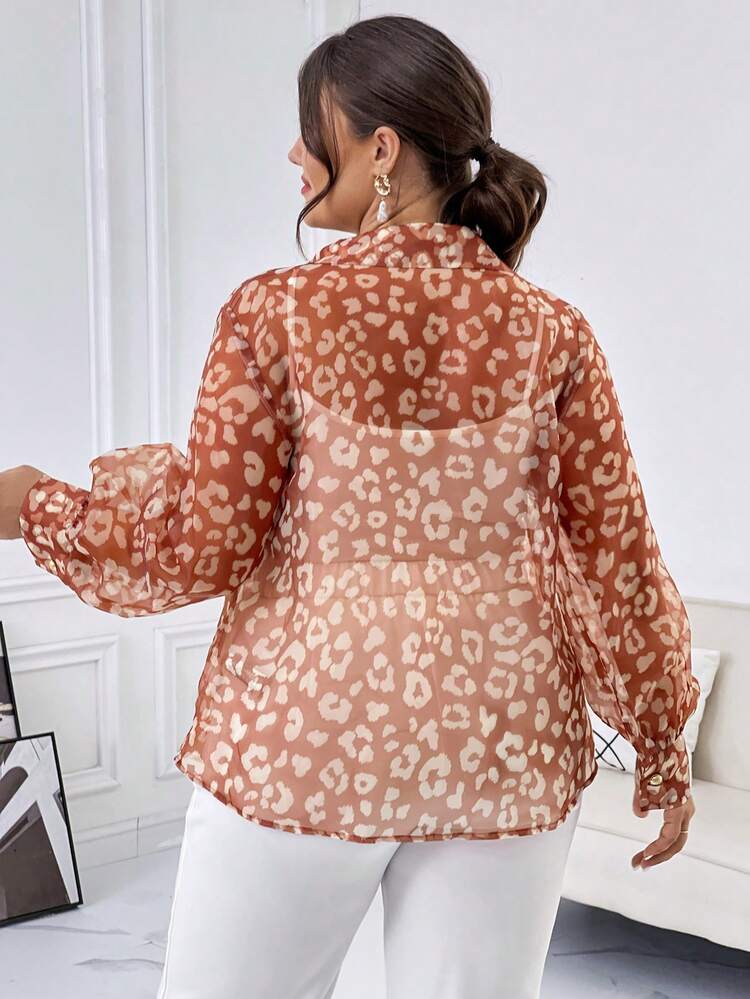 Plus Size Women's Leopard Print Long Sleeve Shirt