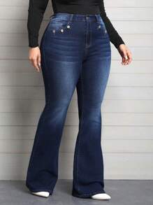 Women's Plus Size Button Closure Flared Denim Jeans With Slanted Pockets - Dark Wash - View 3