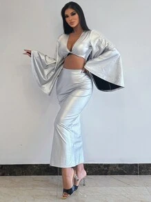 Zolique Women'S Metallic Twist Knot Bell Sleeve Cropped Top And Skirt Set - Silver - View 5