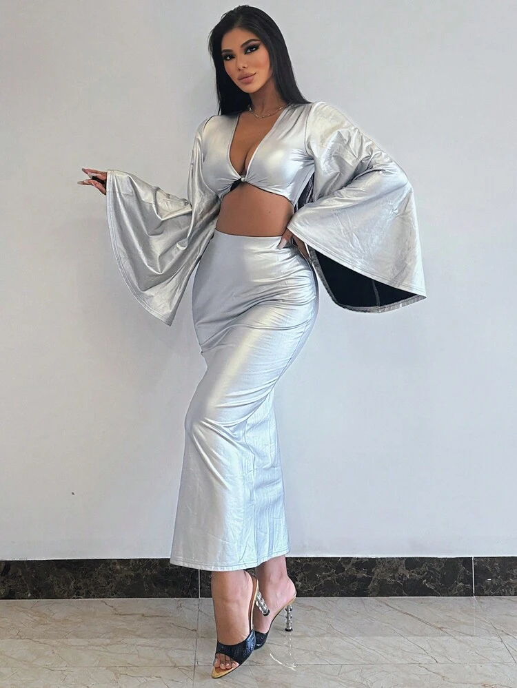 Women'S Metallic Twist Knot Bell Sleeve Cropped Top And Skirt Set