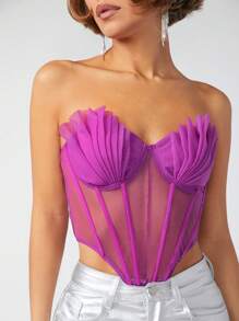 L'Amorae Sexy Pleated Seashell Sheer Mesh Bustier Backless Tube Top - Red Violet - View 6