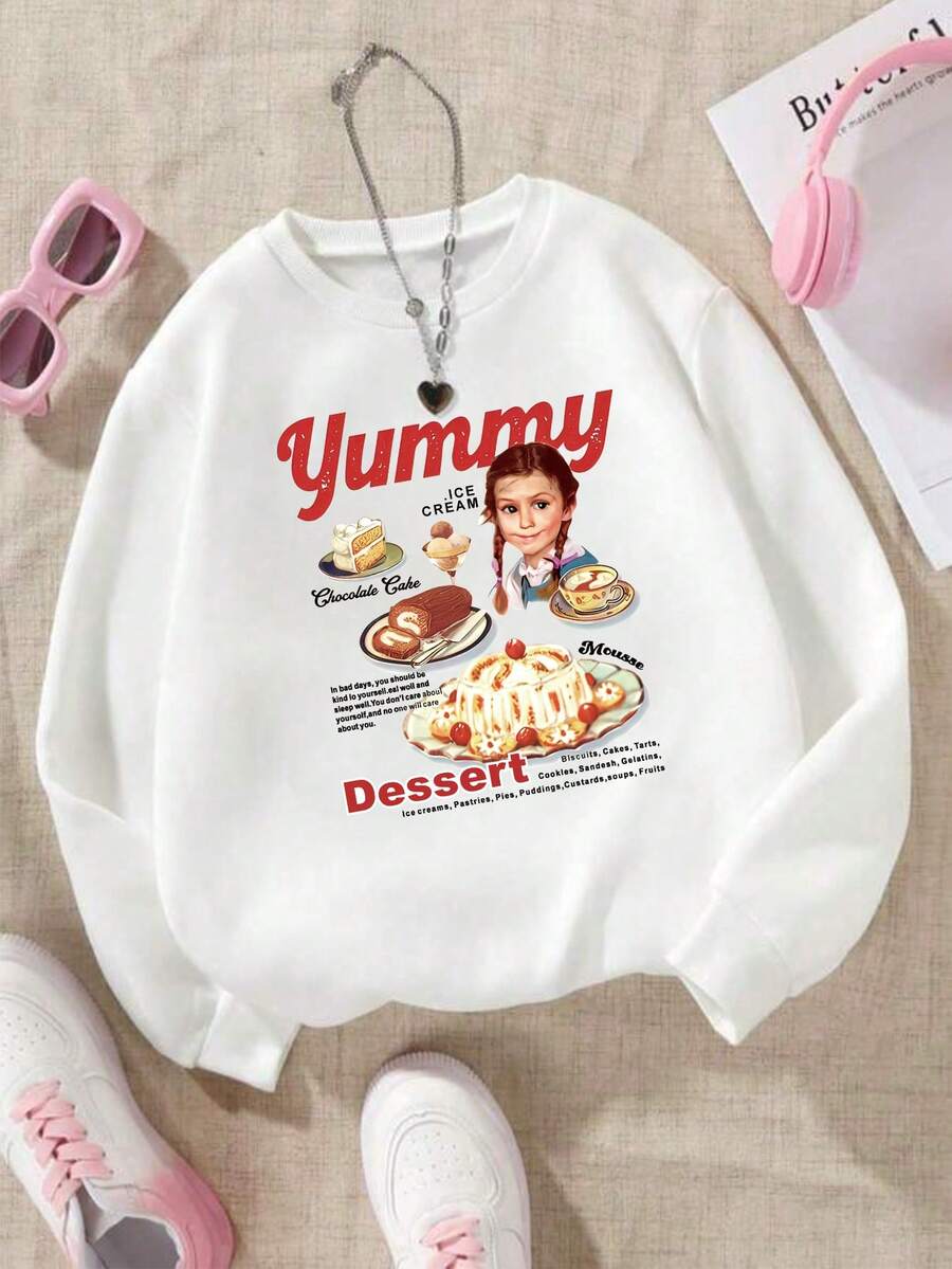 SHEIN Tween Girls' Cartoon And Slogan Printed Round Neck Sweatshirt - White - View 1