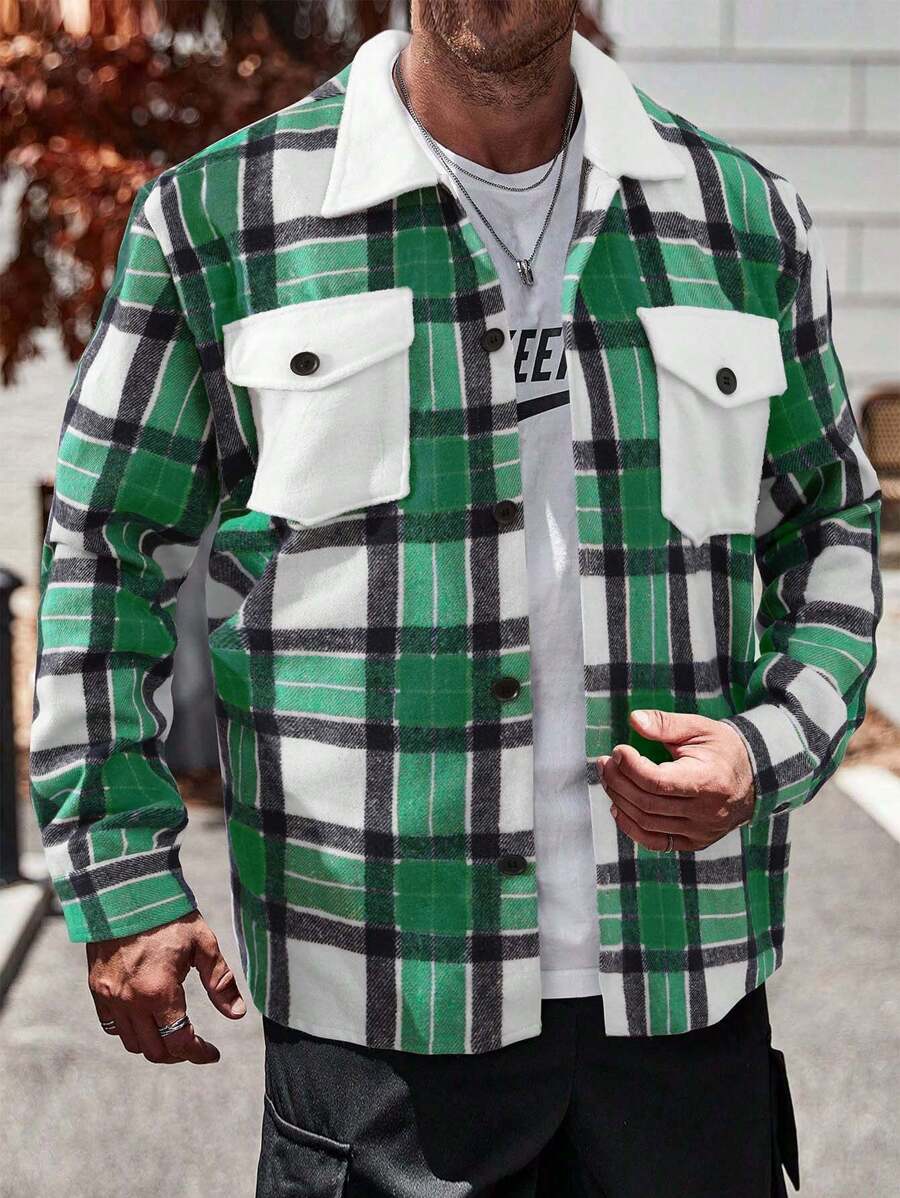 Manfinity Homme Men's Plus Size Grid Pattern Shacket With Flap Pockets - Multicolor - View 1