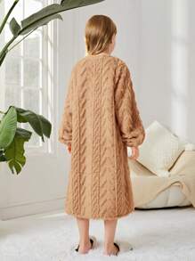 SHEIN 女童針織純色毛絨提花圓領寬鬆休閒居家連衣裙 - 駝色 - 查看 2