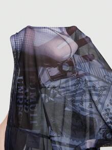 ROMWE Street Life Street Style Tight Fit Tank Top For Summer With Stand Collar & Stars, Music & Slogan Print And Sheer Mesh Detail - Black - View 7