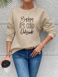 SHEIN LUNE Women's Slogan Print Drop Shoulder Sweatshirt - Khaki - View 3