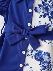 Baby Girl Color Block Floral Print Belted Shirt Dress - Royal Blue - View 4