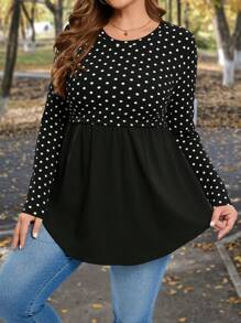 SHEIN LUNE Women's Plus Size Polka Dot Printed Round Neck Long Sleeve T-shirt With Patchwork Design - White - View 6