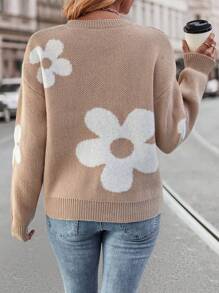 SHEIN Essnce Thả vai Mô hình hoa Áo len - Màu Khaki - Xem 2