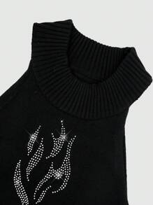 SHEIN Unity Hot Rhinestone Halterneck Hip-Hugging Sweater Dress With Black Sleeves Fall Cloth For Women - Black - View 3