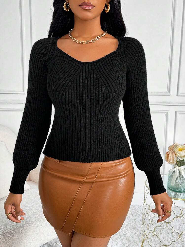 Women's Solid Color Sweetheart Neck Lantern Sleeve Knit Pullover Fall Winter Sweater