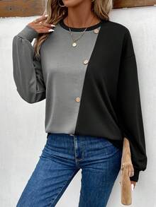 SHEIN LUNE 紐帶裝飾撞色運動衫 - 黑色 - 查看 4