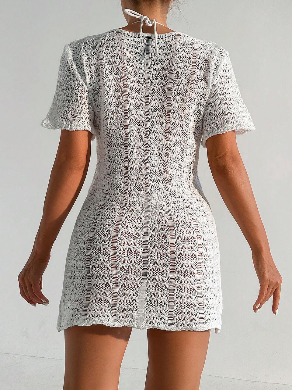Ladies' Knitted Hollow Out Buttoned Kimono Dress Wedding Summer