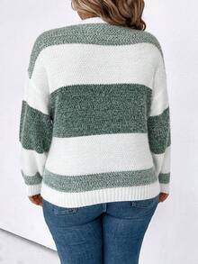 SHEIN LUNE Plus Size Round Neck Striped Drop Shoulder Sweater - Multicolor - View 2