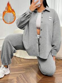 SHEIN CURVE+ 女式加大號字母拼接鈕扣式落肩夾克和慢跑褲套裝 - 灰色 - 查看 1