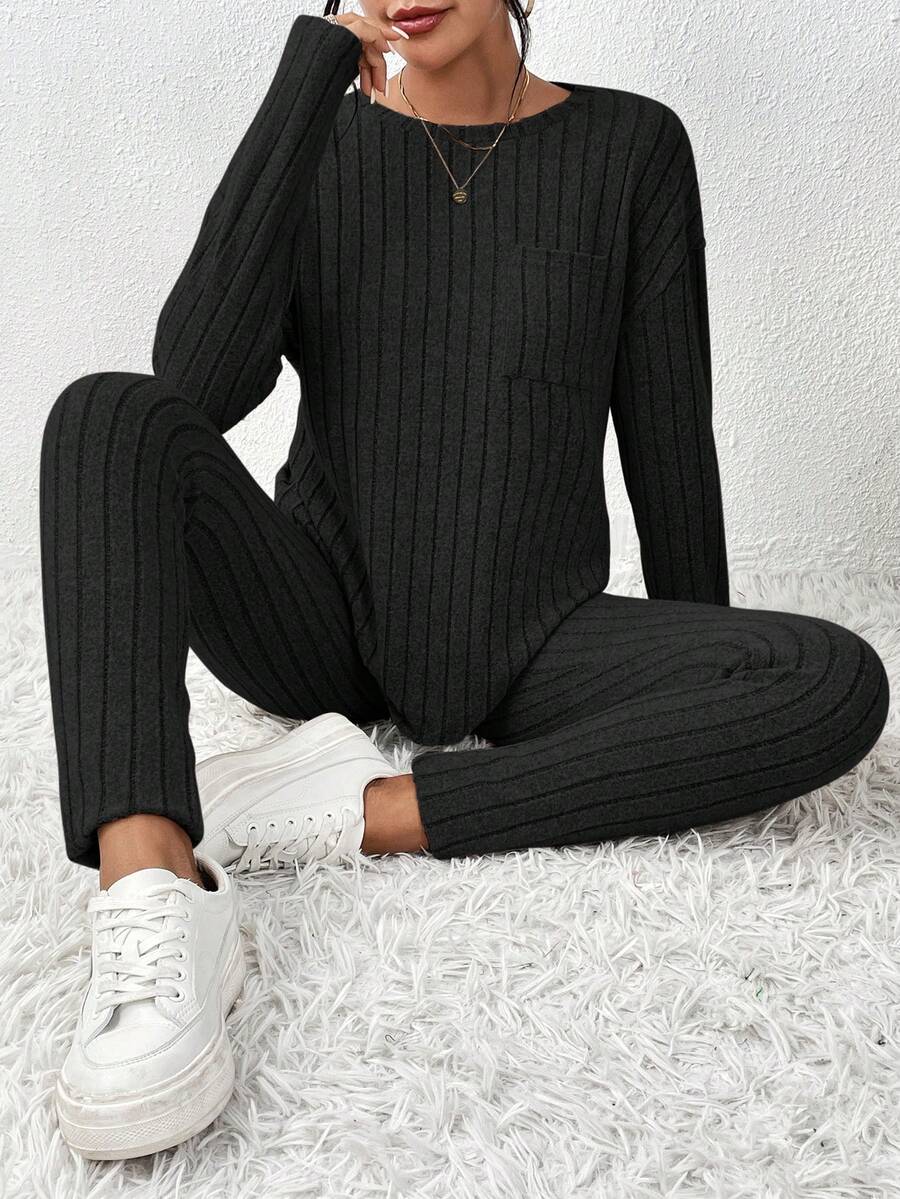 SHEIN Frenchy 女士純色羅紋兩件套 - 黑色 - 查看 1