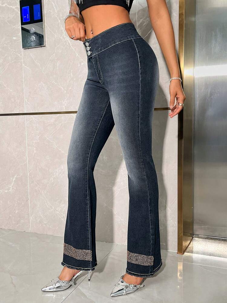 Dark Washed Frayed High Waisted Flared Jeans With Rhinestone Embellishment