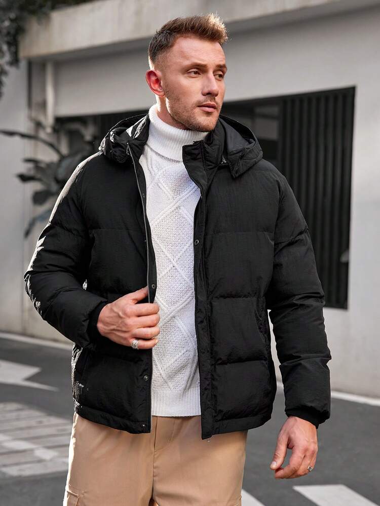 Loose Fit Plus Size Men's Zipper Hooded Woven Casual Jacket, For Fall Winter