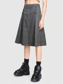 ROMWE Grunge Punk 女士休閒格紋鈕扣前a字裙 - 彩色 - 查看 3