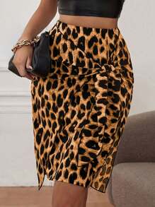 SHEIN LUNE Leopard Print Front Knot Skirt - Yellow - View 1