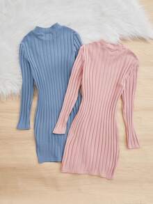 SHEIN Girls' Knitted Solid Color Dress With Small Stand Collar & Patch Detail, 2pcs/set - Multicolor - View 2