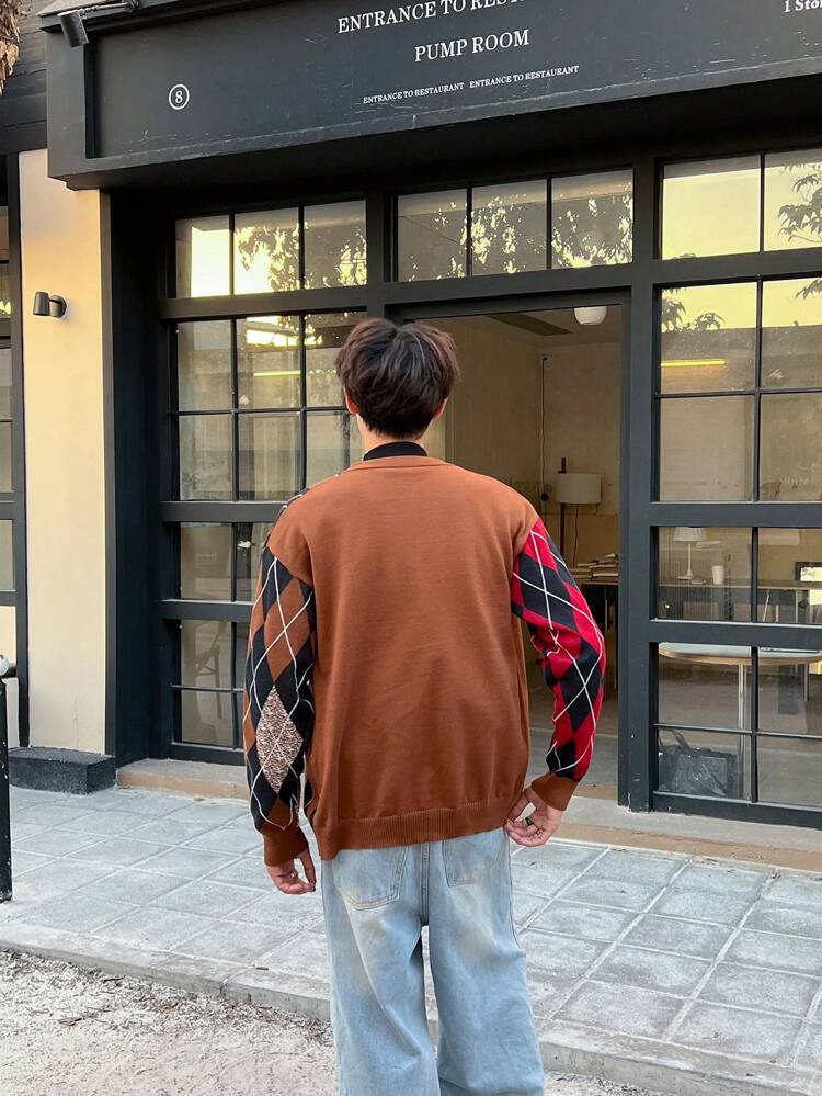 Men's Patchwork Diamond Check Pattern Button Front Cardigan Sweater