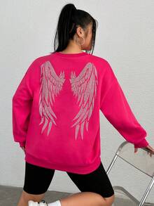 SHEIN EZwear 大尺寸翅膀印花圓領長袖休閒衛衣 - 玫紅色 - 查看 5