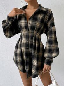 Chiquease Women's Checked Waist-drawstring Shirt - Brown - View 5