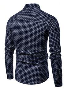 Men Plaid Button Up Shirt - Navy Blue - View 2