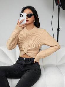 GENKIRA Round Neck Twist Asymmetrical Hem Knit Pullover Fall Winter Sweater - Khaki - View 4