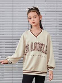 SHEIN Felpa con scollo a V, spalle scoperte, stampa a righe e lettera, con dettagli sul bordo, di stile urban fashion per ragazze adolescenti - Cachi - Visualizzare 4