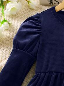 SHEIN Nhỏ bé Cô gái Nhung Đầm Với Tay áo chân cừu - Màu xanh hải quân - Xem 3