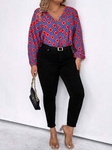 SHEIN Clasi Plus Size Women'S Geometric Pattern Balloon Sleeve Bodysuit - Multicolor - View 4