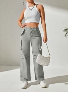 SHEIN PETITE Women's Solid Color Flap Pocket Long Pants - Light Grey - View 5