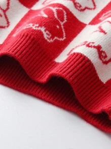SHEIN Girls' Color Block Rabbit Pattern Sweater - Red - View 6