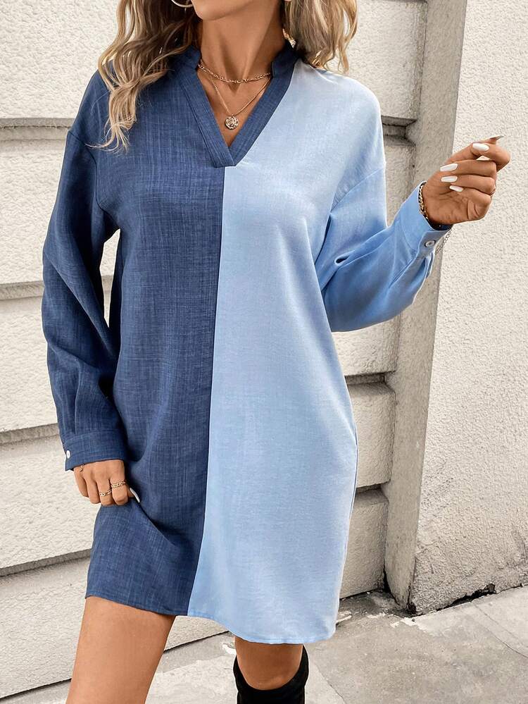 Women's Colorblock Notched Neck Straight Dress